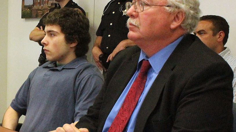 Ely Serna (left) and his attorney, Dennis Lieberman in Judge Lori L. Reisinger’s courtroom during a probable cause hearing. JEFF GUERINI/STAFF