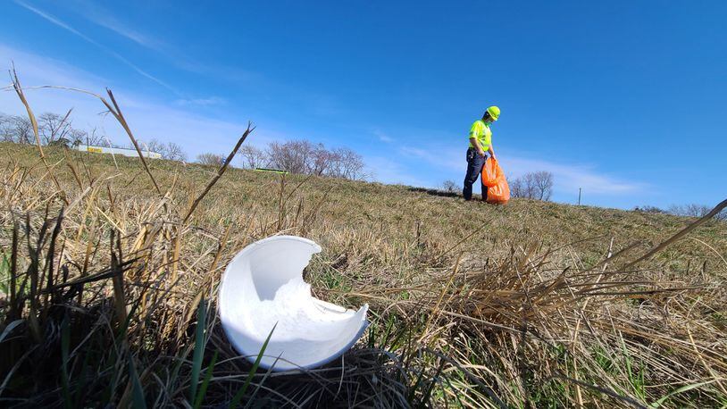 ODOT crews pick up trash along I-75 in Moraine on Friday, March 12. CONTRIBUTED