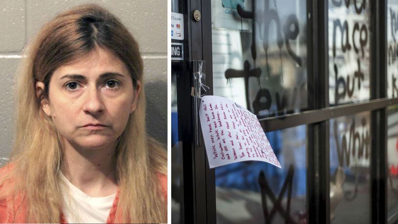 Allison Christine Johnson, 45, of Norman, Oklahoma, left, is accused of spraying racist, homophobic and anti-Semitic graffiti across buildings in Oklahoma City and Norman over the span of several weeks. At right, a handwritten note hangs on the door of the Democratic Party office in Norman on Wednesday, April 3, 2019. The building, a school and an art center were hit with graffiti the night before. Johnson turned herself in to police Thursday, April 4.