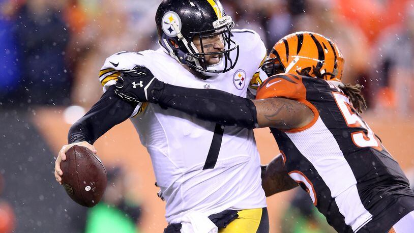 Bengals linebacker Vontaze Burfict sacks Ben Roethlisberger of the Steelers during the AFC Wild Card Playoff game at Paul Brown Stadium on January 9, 2016. The result of that day surely will not repeat itself either time Cincinnati plays Pittsburgh this season.