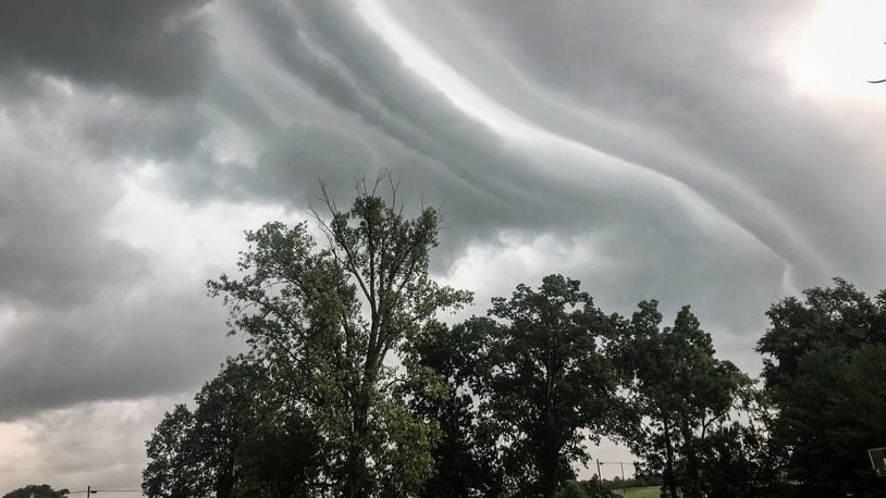 A strange cloud formation appears in the sky over Farmersville ahead of a storm system June 27, 2020. JIM NOELKER / STAFF