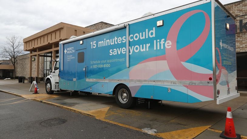 Mercy Health’s 3D Mobile Mammography Vehicle was set up outside the Upper Valley Mall Monday. Bill Lackey/Staff