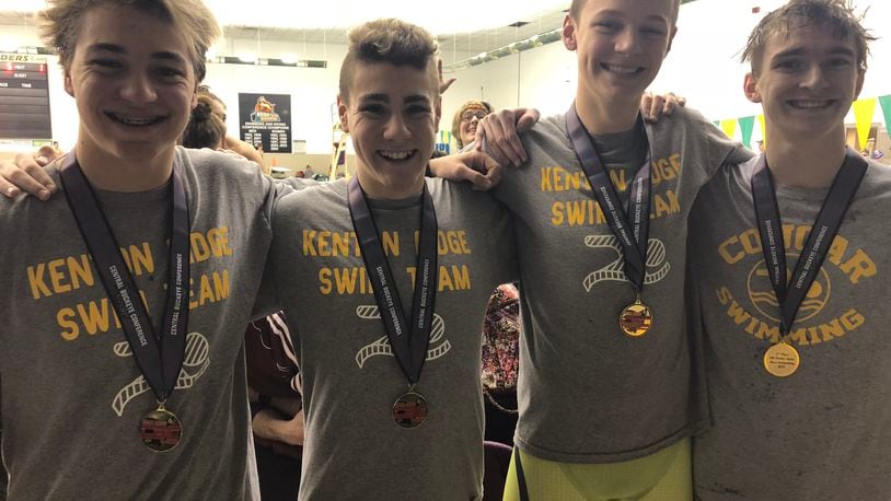 Kenton Ridge’s (left to right) Seth Thomas, Dylan Day, Braden Dunaway and Keaton Campbell won the 200-medley relay at Central Buckeye Conference championships, helping the Cougars also claim the team title. The foursome swims at the sectional meet this weekend in an attempt to qualify for districts. CONTRIBUTED
