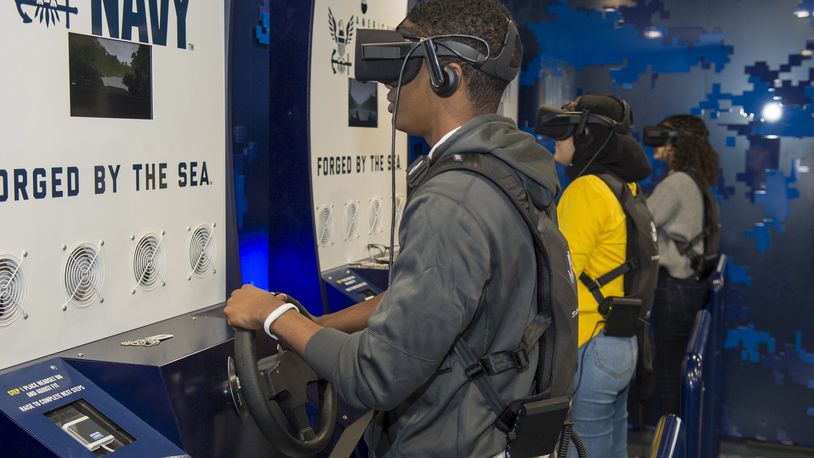 Students in Florida participate in the Navy’s virtual reality asset, which will be visiting the Dayton Air Show July 30-31. (U.S. Navy video by Mass Communication Specialist 2nd Class Kyle Hafer)