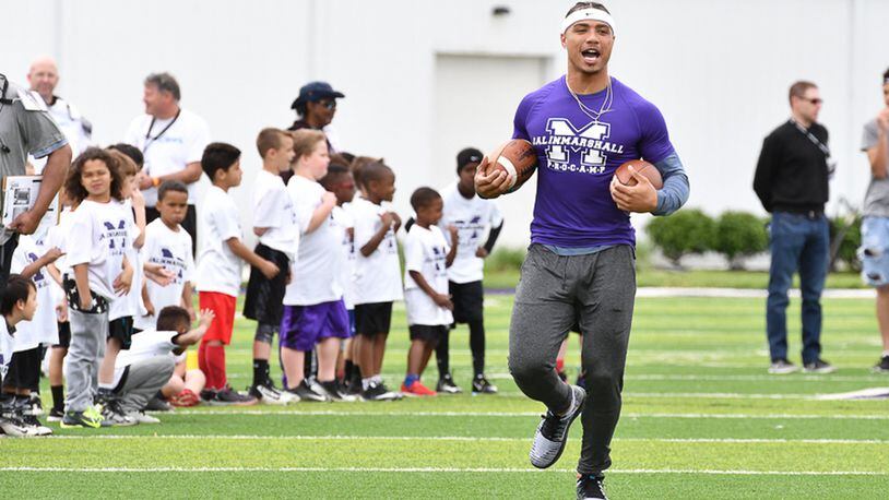 Former Middletown star and current New York Jet receiver Jalin Marshall runs during a camp for elementary and middle school students on Sunday afternoon at Barnitz Stadium. Contributed Photo by Bryant Billing