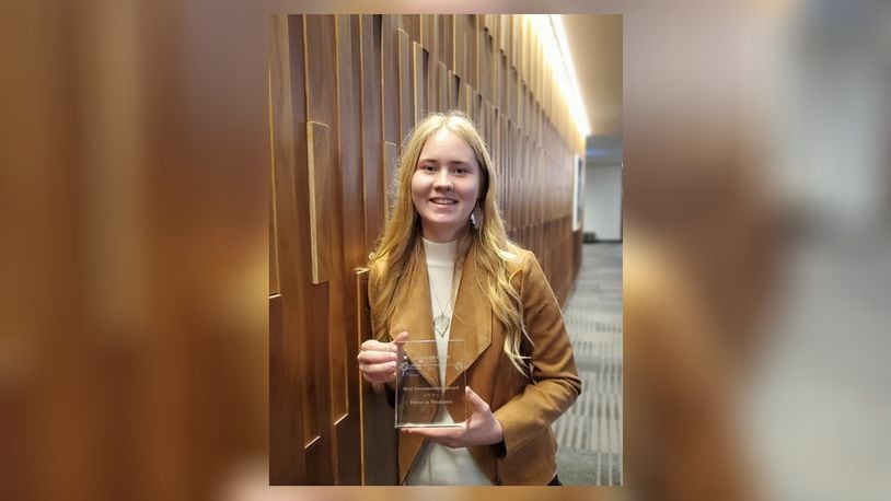 Cedarville University sophomore Elizabeth Kollmar after winning the Best Documentary prize at the 2022 International Conference on Missions. Contributed/Cedarville University