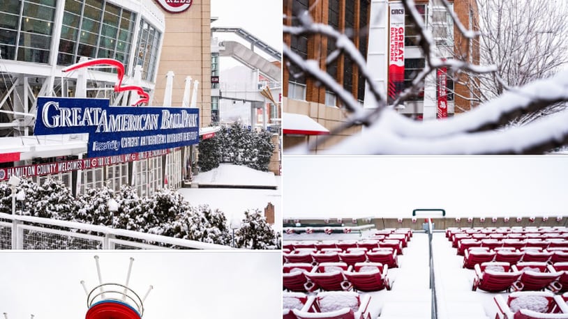 The Cincinnati Reds posted photos of Great American Ball Park covered in snow on Jan. 19, 2024. CREDIT: REDS