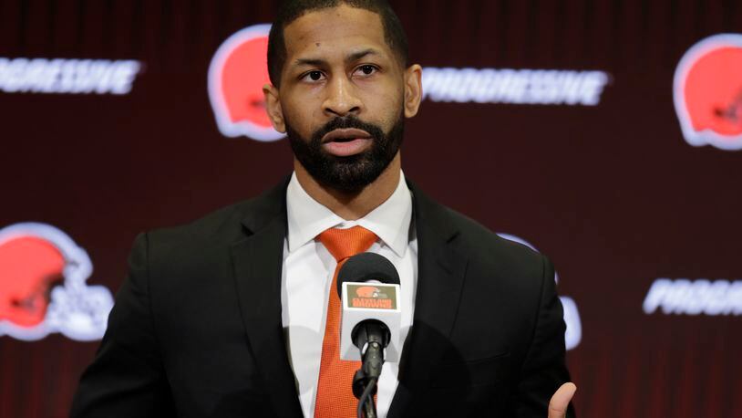 FILE - In this Feb. 5, 2020, file photo, Cleveland Browns general manager Andrew Berry speaks during a news conference at the NFL football team’s training camp facility in Berea, Ohio. Berry’s first draft as Browns general manager was undeniably unique and unforgettable. It is way too early to know if it was successful. (AP Photo/Tony Dejak, File)
