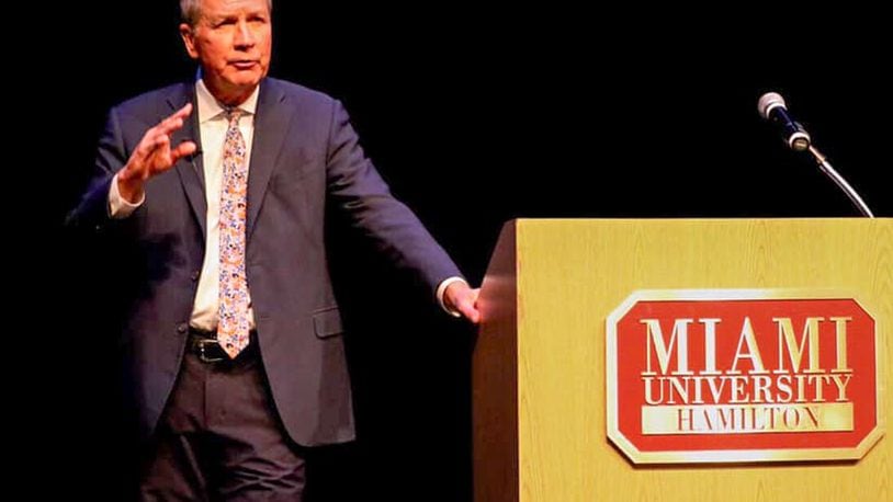 Former Ohio Governor John Kasich speaks at Miami University Hamilton as part of their Harry T. Wilks Lecture Series, Wednesday, Nov. 13, 2019. CONTRIBUTED / DANNY IVERS