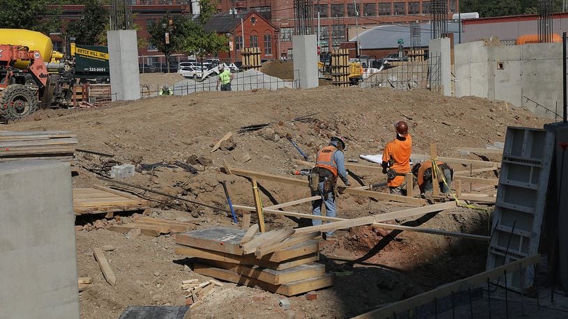 The construction site of the new parking garage in downtown Springfield. BILL LACKEY/STAFF