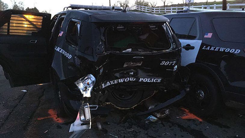 The Lakewood Police Department released images of a patrol car heavily damaged when it was struck by a suspected drunken driver on Saturday, May 11, 2019.