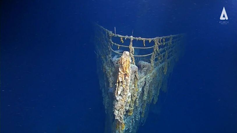 In this image taken from video released by Atlantic Productions shows part of the wreckage of the RMS Titanic that lays about 3,800 metres below the surface of North Atlantic Ocean around 370 miles (596km) south of Newfoundland in Canada.