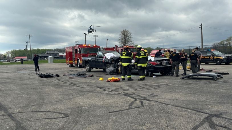 Greenon Local Schools hosted it’s mock crash event for junior and senior students on Thursday, April 17. The staged crash was complete with student actors and local emergency response teams for students to learn the consequences of impaired and distracted driving and the importance of making responsible daily driving choices, especially during celebratory events like prom night. The simulation event included Greenon, Clark County Sheriff’s Office, Enon-Mad River Fire and EMS, Hustead Fire and EMS, the Ohio State Highway Patrol, Premier Health Care Flight, Dan’s Towing and Recovery and Adkins Funeral Home. After the simulated crash, Greenon held an afternoon session for students with follow-up guest speakers, including speakers from Mothers Against Drunk Driving (MADD) and Tracy Locakhart-Williams from the Clark County Prosecutors Office to make sure that the message resonates beyond the initial shock of the simulation. Contributed