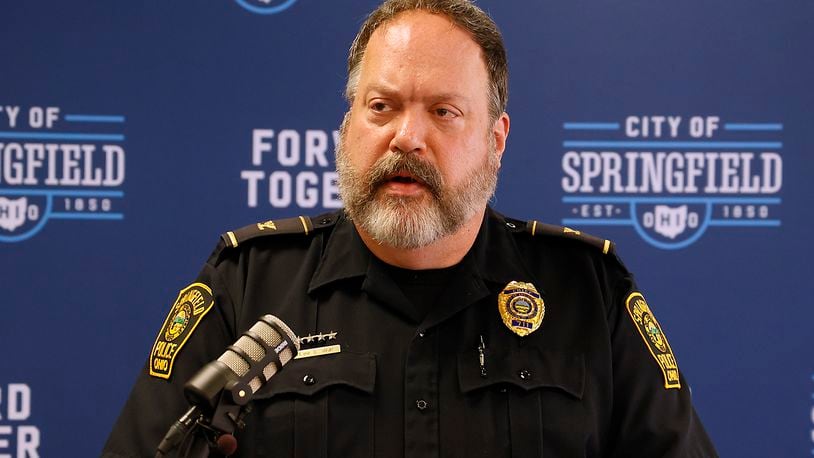Springfield Police Chief Lee Graf answers questions at a press conference earlier this year. Graf is retiring this year, and the city is in the process of seeking his replacement. BILL LACKEY/STAFF