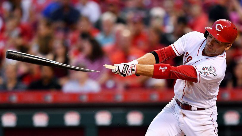 CINCINNATI, OH - AUGUST 9:  Joey Votto #19 of the Cincinnati Reds breaks his bat on a single in the fourth inning against the San Diego Padres at Great American Ball Park on August 9, 2017 in Cincinnati, Ohio.  (Photo by Jamie Sabau/Getty Images)