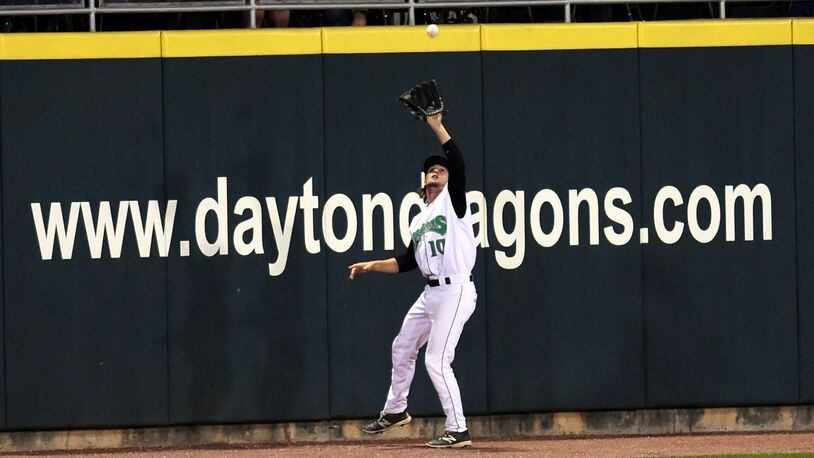 Mitch Piatnik makes the catch for an out in Tuesday night’s game against the Lugnuts at Fifth Third Field. NICHOLAS STUDIOS