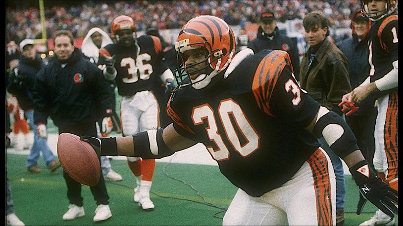 8 Jan 1989: Running back Ickey Woods of the Cincinnati Bengals celebrates during a playoff game against the Buffalo Bills at Riverfront Stadium in Cincinnati, Ohio. The Bengals won the game, 21-10.