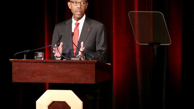 Ohio State University President Dr. Michael Drake gives his first State of the University address at the Ohio Union in 2014. (Columbus Dispatch photo by Fred Squillante)