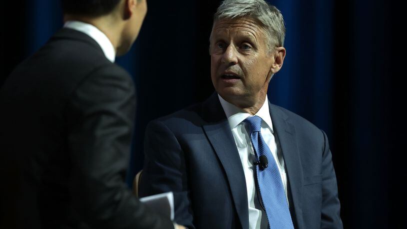 LAS VEGAS, NV - AUGUST 12: Libertarian presidential nominee Gary Johnson (R) speaks to moderator Richard Lui (L) of MSNBC during a 2016 Presidential Election Forum, hosted by Asian and Pacific Islander American Vote (APIAVote) and Asian American Journalists Association (AAJA), at The Colosseum at Caesars Palace August 12, 2016 in Las Vegas, Nevada. The forum provided an opportunity for presidential candidates or their representatives to speak to Asian voters directly. (Photo by Alex Wong/Getty Images)