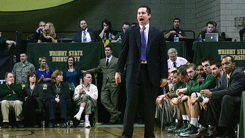 Wright State coach Billy Donlon talks to his team. Wright State lost 83-76 to Detroit on Wednesday, Jan. 30, 2013, at the Nutter Center in Fairborn.