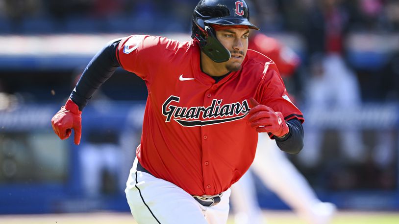 Cleveland Guardians' Josh Naylor runs out a three-run double during the seventh inning of a baseball game against the Oakland Athletics, Sunday, April 21, 2024, in Cleveland. (AP Photo/Nick Cammett)