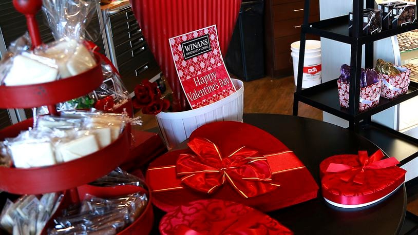 A Valentine’s Day display at Winan’s Chocolates and Coffee in downtown Springfield. Bill Lackey/Staff