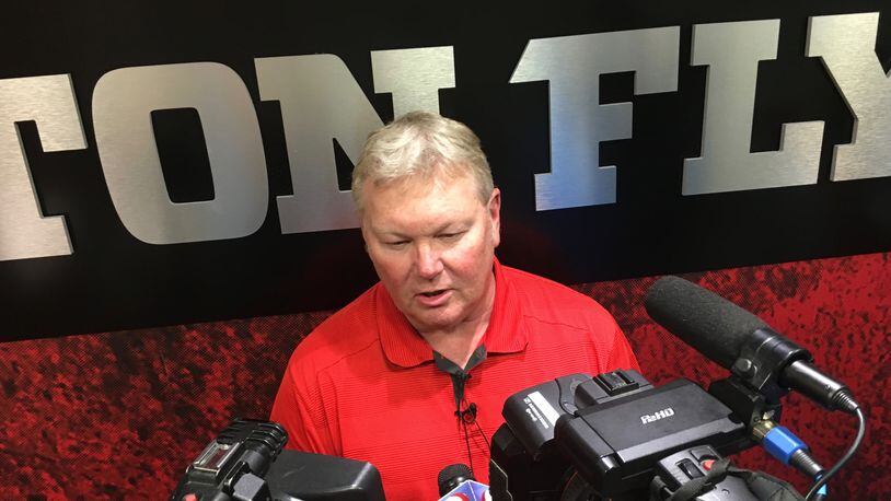 Dayton football coach Rick Chamberlin talks to reporters on Tuesday, July 31, 2018, at the Cronin Center in Dayton. David Jablonski/Staff