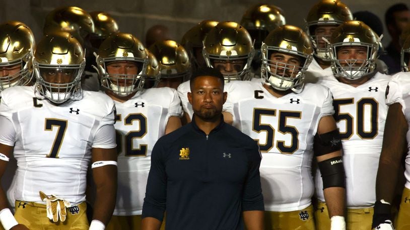 Notre Dame coach Marcus Freeman waits to lead his team onto the field before a game against Ohio State on Saturday, Sept. 3, 2022, at Ohio Stadium in Columbus. David Jablonski/Staff