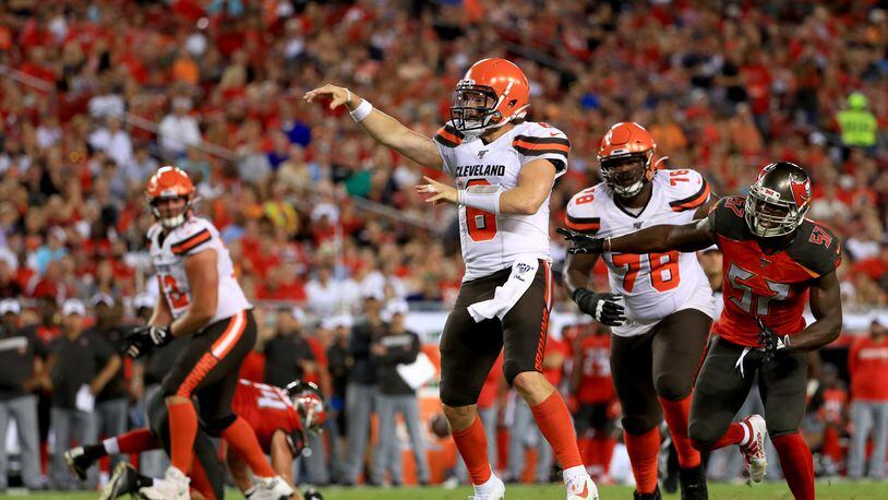 TAMPA, FLORIDA - AUGUST 23: Baker Mayfield #6 of the Cleveland Browns passes during a preseason game against the Tampa Bay Buccaneers at Raymond James Stadium on August 23, 2019 in Tampa, Florida. (Photo by Mike Ehrmann/Getty Images)