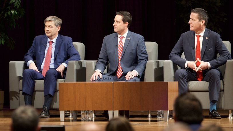 The three Republicans running in the Ohio Republican primary for U.S. Senate participated in a forum on Monday, Feb. 19, 2024, at the University of Findlay. From left are state Sen. Matt Dolan, Ohio Secretary of State Frank LaRose and Westlake businessman Bernie Moreno. BRENDEN FERGUSON/CONTRIBUTED