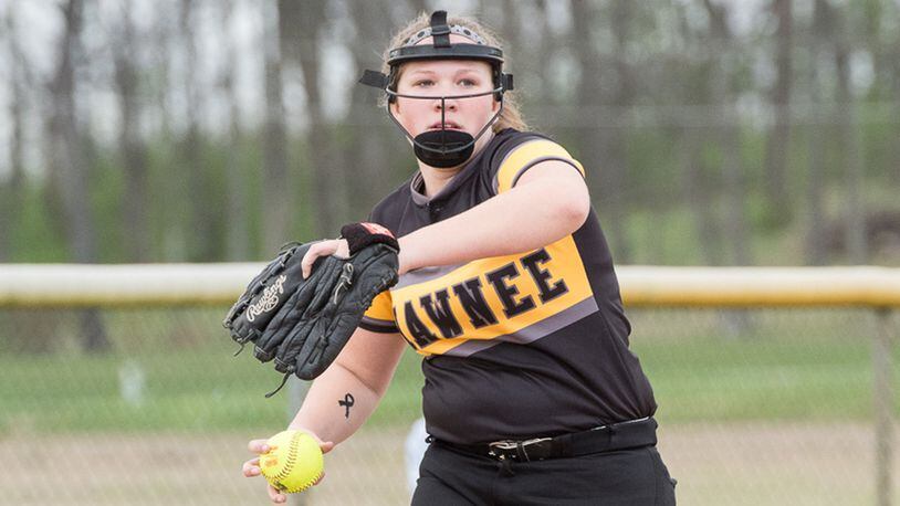 Shawnee senior pitcher Mary Britton throws to first base during a game against Kenton Ridge on April 10. Britton has a 2.95 ERA for the Braves and is third on the team with 30 RBIs. BRYANT BILLING / CONTRIBUTED