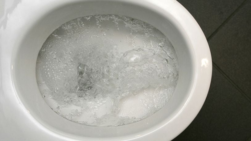 Water swirls in a flushing toilet.