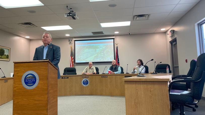 Leaders of the Village of Enon and Mad River Twp. met on Friday at the Enon Government Center to announce the recent purchase of land intended for a future sports complex.