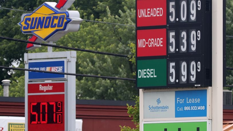 Gas prices at two stations in Springfield were both over $5.00 per gallon Tuesday, June 7, 2022. BILL LACKEY/STAFF