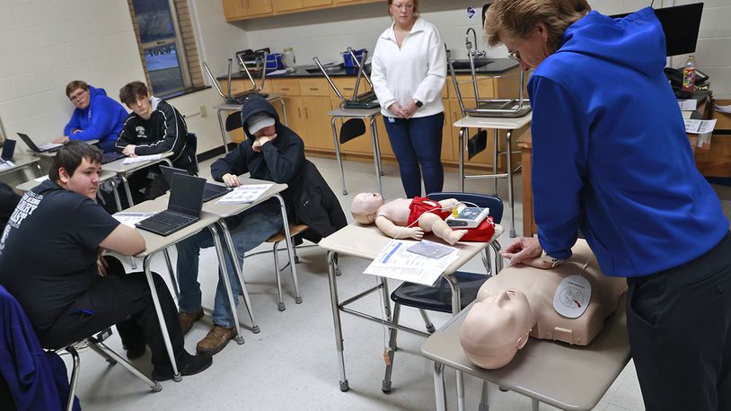 CTC teacher Stephanie Riegel, who is also a certified CPR instructor, teaches a class in the life saving procedure during Future Ready Friday, Jan. 13, 2023. BILL LACKEY/STAFF