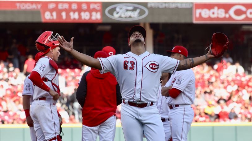 Reds reliever Fernando Cruz leaves the mound in the fourth inning against the Pittsburgh Pirates on Opening Day on Thursday, March 30, 2023, at Great American Ball Park in Cincinnati. David Jablonski/Staff