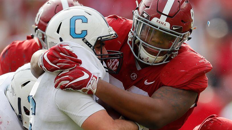 TUSCALOOSA, AL - NOVEMBER 17: Brandon Rainey #16 of the Citadel Bulldogs is sacked by Quinnen Williams #92 of the Alabama Crimson Tide at Bryant-Denny Stadium on November 17, 2018 in Tuscaloosa, Alabama. (Photo by Kevin C. Cox/Getty Images)