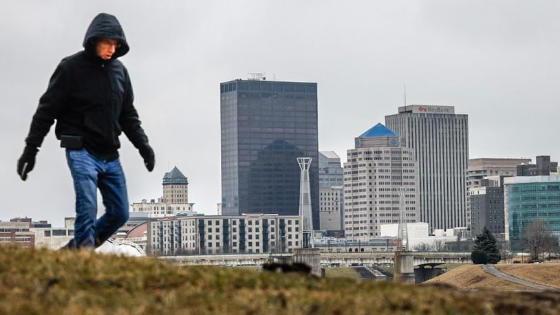 Darryl Maenle, from Enon, takes a brisk walk near Deeds Point Metro Park Monday January 30, 2023. Maenle said he gets out as much as he can during the winter months. JIM NOELKER/STAFF
