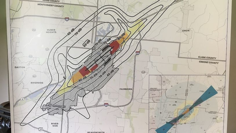 A map of the Dayton region surrounding Wright-Patterson Air Force Base. The map was shown at a April 27 public meeting on the base, when the base introduced updated guidelines on residential and commercial development around the 7,600-plus-acre installation. THOMAS GNAU/STAFF