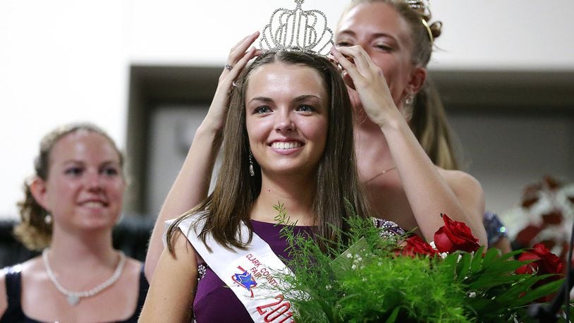 The 2016 Clark County Fair Queen Lea Kimley smiles as the crown is placed on her head by last year’s queen Rachel Parker at the Clark County Fair. Bill Lackey/Staff