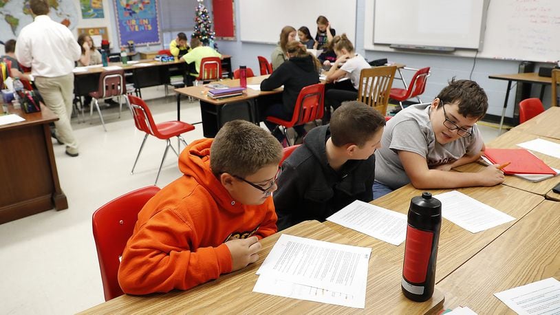 Sixth grade students at Indian Valley School work on a project in class. Bill Lackey/Staff