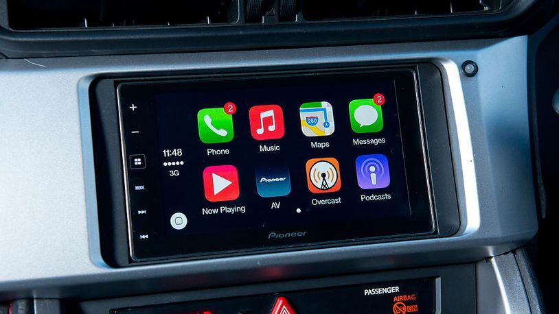 Detail of a Pioneer head unit fitted in a Subaru BRZ, photographed for a feature on Apple's CarPlay, taken on December 19, 2014. (Photo by Will Ireland/MacFormat Magazine via Getty Images)