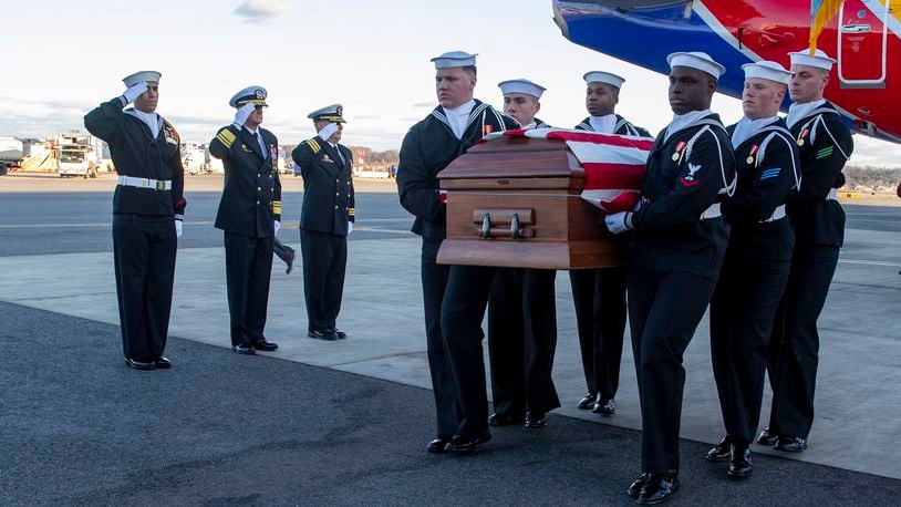 Casket bearers assigned to the U.S. Navy Ceremonial Guard carry the remains of Medal of Honor recipient Seaman 1st Class James Richard Ward, in Arlington, Va., Dec. 19, 2023. Ward was awarded the Medal of Honor, posthumously, in 1942 for his acts of valor during the attack on Pearl Harbor Dec. 7, 1941. U.S. Navy photo