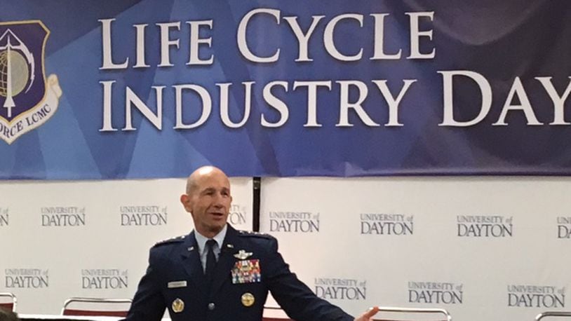Air Force Gen. James Holmes, the top general at Air Combat Command, speaks at the Air Force Life Cycle Management Center Industry Daysat the University of Dayton Research Institute. Holmes will again speak at this year’s conference. BARRIE BARBER/STAFF