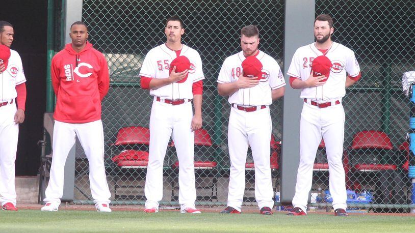 Reds relievers (left to right) Wandy Peralta, Raisel Iglesias, Robert Stephenson, Barrett Astin and Cody Reed stand for the national anthem before a game against the Brewers on Thursday, April 13, 2017, at Great American Ball Park in Cincinnati. David Jablonski/Staff