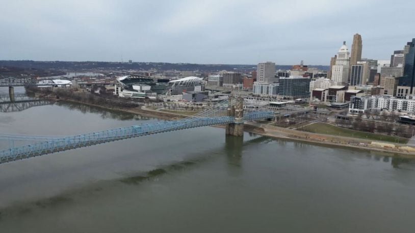 The Ohio River is seen Feb. 17, 2023 looking at Cincinnati from Covington, Ky.  Greater Cincinnati Water Works will close Cincinnati's water intake in the Ohio River ahead of anticipated contaminated water from the East Palestine train derailment, the agency announced. MADDY SCHMIDT/WCPO