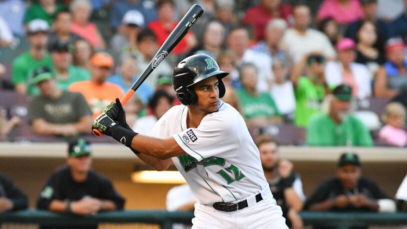 Dragons center field Jose Siri waits on a pitch during a game against Great Lakes on Wednesday at Fifth Third Field. Contributed Photo by Bryant Billing