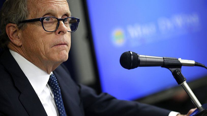 Ohio Attorney General Mike DeWine speaks during a prenwss conference at the Attorney General’s office in Columbus, Ohio on Wednesday, May 31, 2017. The Ohio Attorney General sued five drugmakers for their alleged role perpetrating the state’s addictions epidemic, accusing the companies of intentionally misleading patients about the dangers of painkillers and promoting benefits of the drugs not backed by science. (Brooke LaValley/The Columbus Dispatch via AP)