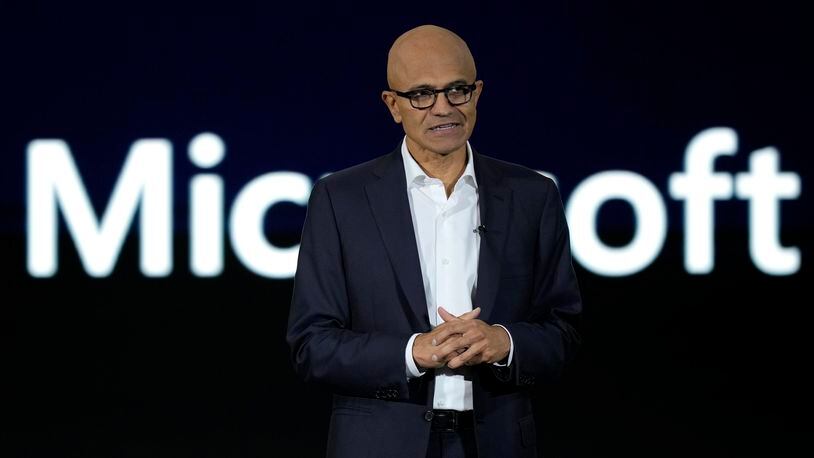 Microsoft CEO Satya Nadella speaks during an event titled "Microsoft Build: AI Day" in Jakarta, Indonesia, Tuesday, April 30, 2024. Microsoft will invest $1.7 billion over the next four years in new cloud and artificial intelligence infrastructure in Indonesia — the single largest investment in Microsoft's 29-year history in the country — Nadella said Tuesday. (AP Photo/Dita Alangkara)