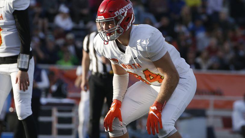 North tight end Adam Trautman of Dayton (84) during the second half of the Senior Bowl college football game Saturday, Jan. 25, 2020, in Mobile, Ala. (AP Photo/Butch Dill)